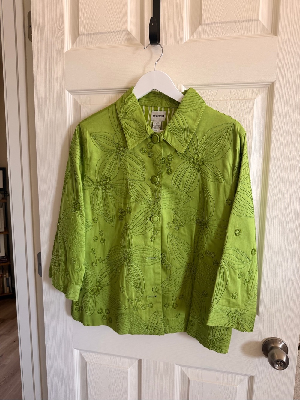 Chico's Lime Green Embroidered Floral Jacket